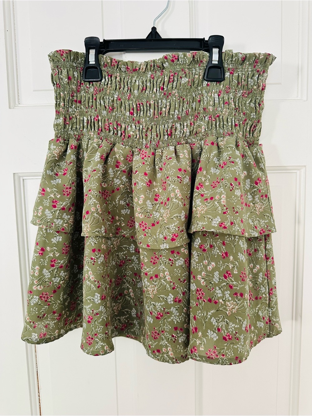 Altar'd State Olive Floral Smocked Tiered Mini Skirt